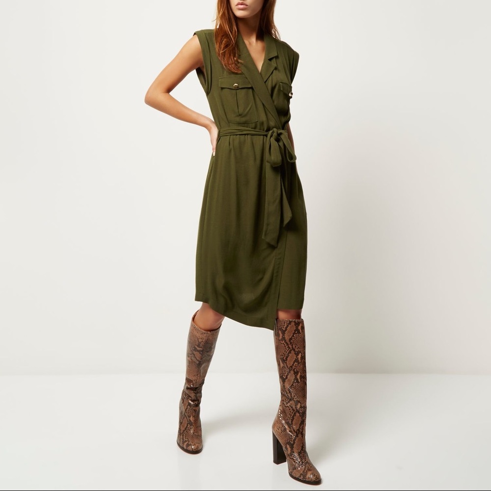 River Island Sleeveless Wrap Shirt Khaki